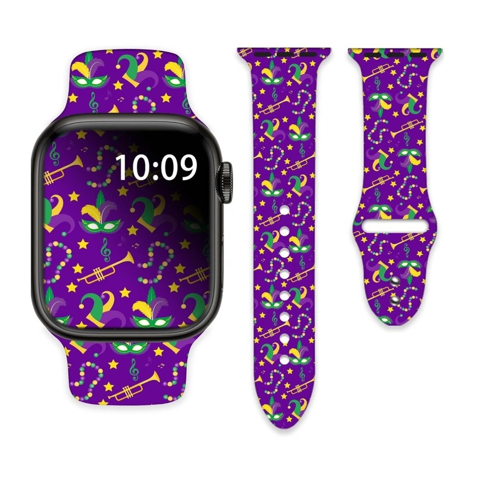 Mardi Gras Carnival Silicone Apple Watch Band 42/44/45/49mm Purple Mask Pattern
